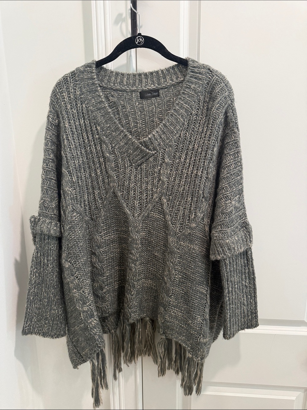 Love Token Gray Cable Knit V-Neck Sweater with Fringe